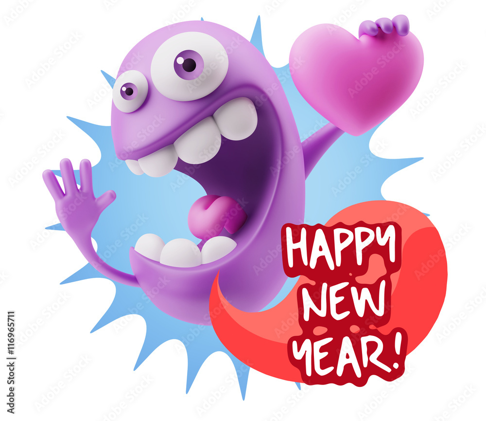 3d Rendering. Emoji in love holding heart shape saying Happy New 3d Rendering. Emoji in love holding heart shape saying Happy New