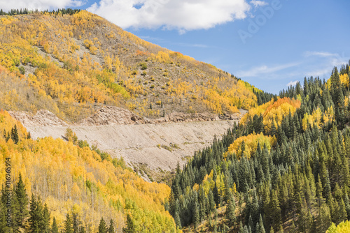 View on San Juan National Forest during golden fall with road in Colorado