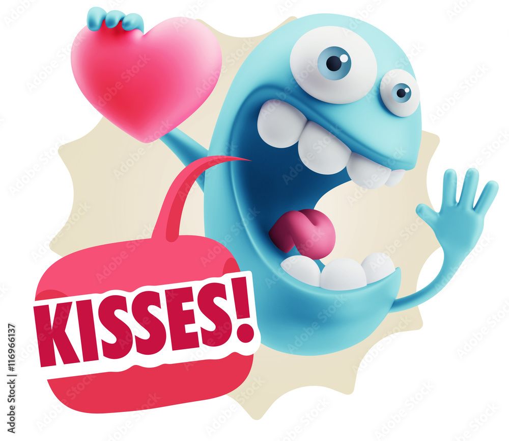 3d Rendering. Emoji in love holding heart shape saying Kisses wi 3d Rendering. Emoji in love holding heart shape saying Kisses wi