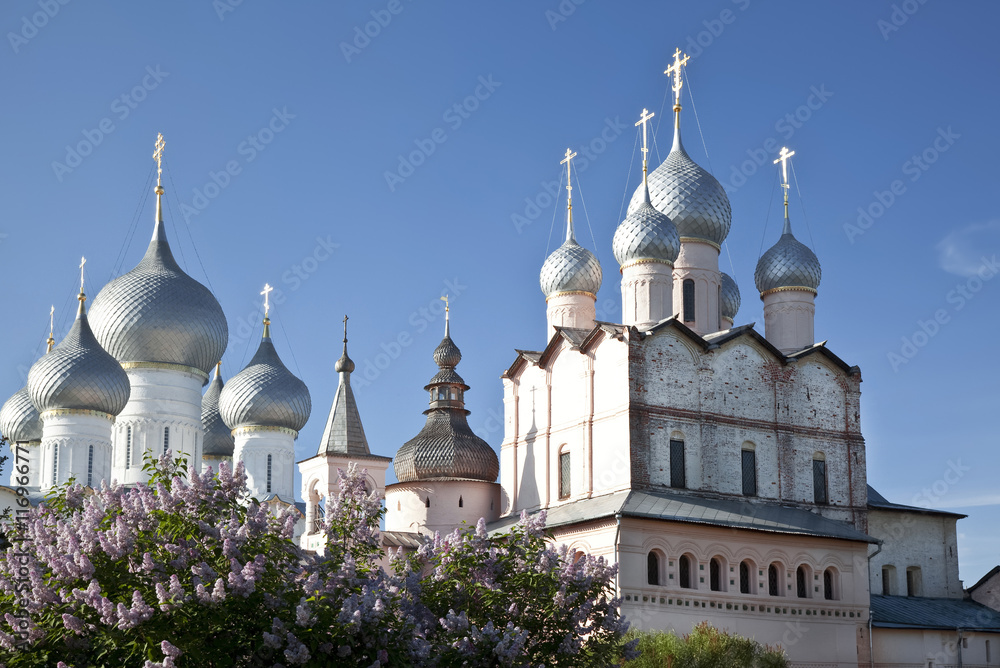 Top view of the domes of the cathedrals in the Kremlin, Rostov the Great, Russia
