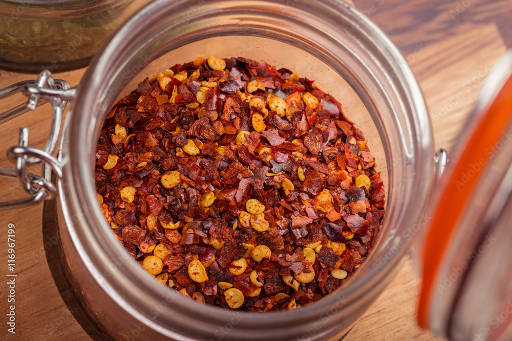 Chilli flakes in a jar Chilli flakes in a jar