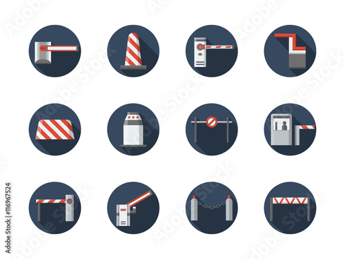 Road barriers round flat vector icons set