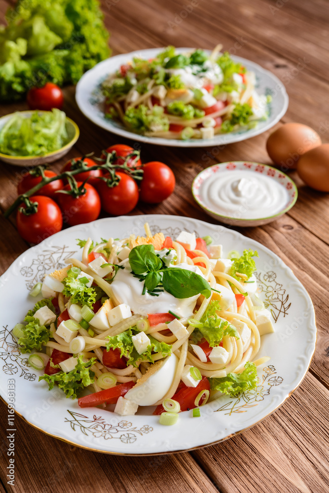 Spaghetti pasta salad with tomato, lettuce, egg, Feta cheese, green onion and sour cream Spaghetti pasta salad with tomato, lettuce, egg, Feta cheese, green onion and sour cream