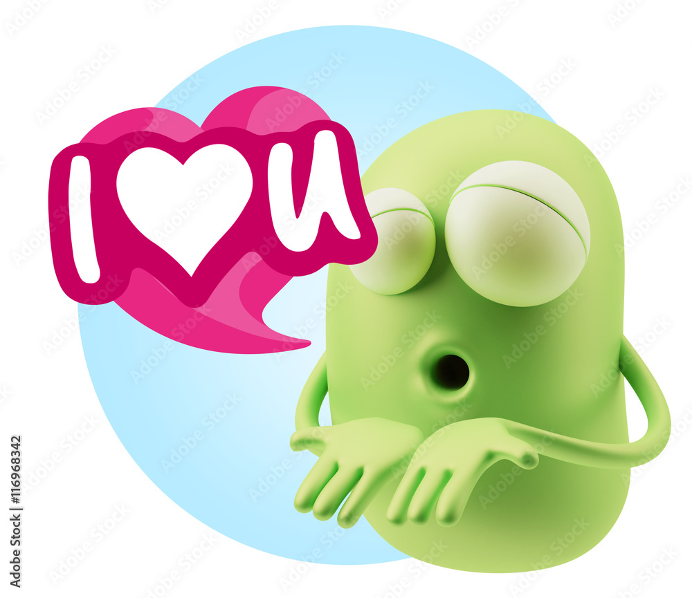 3d Rendering. Love Emoticon Face Kiss Flying Heart Shape saying 3d Rendering. Love Emoticon Face Kiss Flying Heart Shape saying