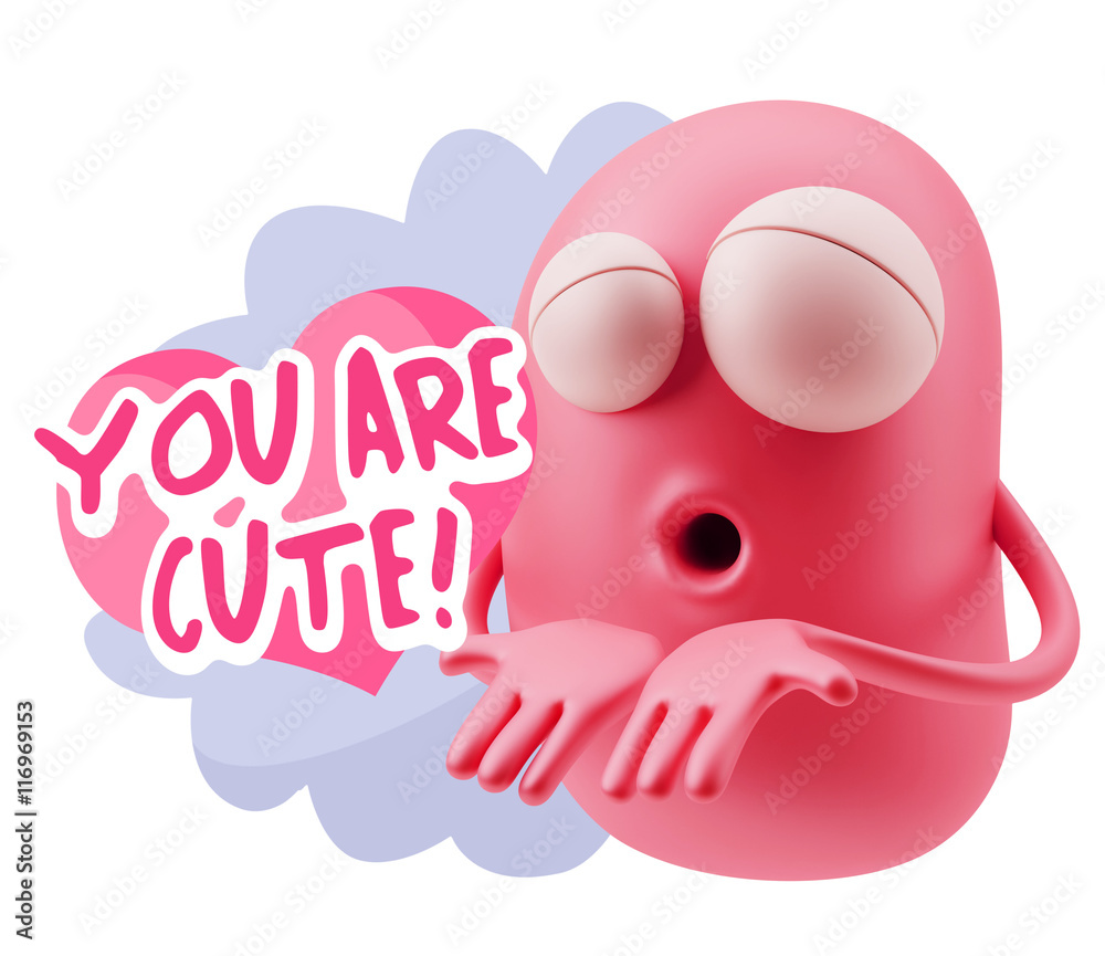 3d Rendering. Love Emoticon Face Kiss Flying Heart Shape saying