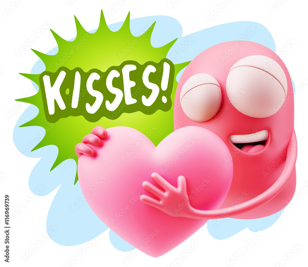 3d Rendering. Emoji in love holding heart shape saying Kisses wi 3d Rendering. Emoji in love holding heart shape saying Kisses wi