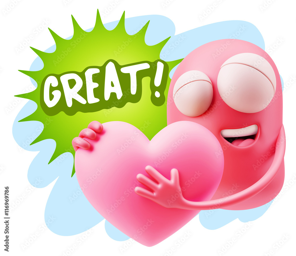 3d Rendering. Emoji in love holding heart shape saying Great wit 3d Rendering. Emoji in love holding heart shape saying Great wit