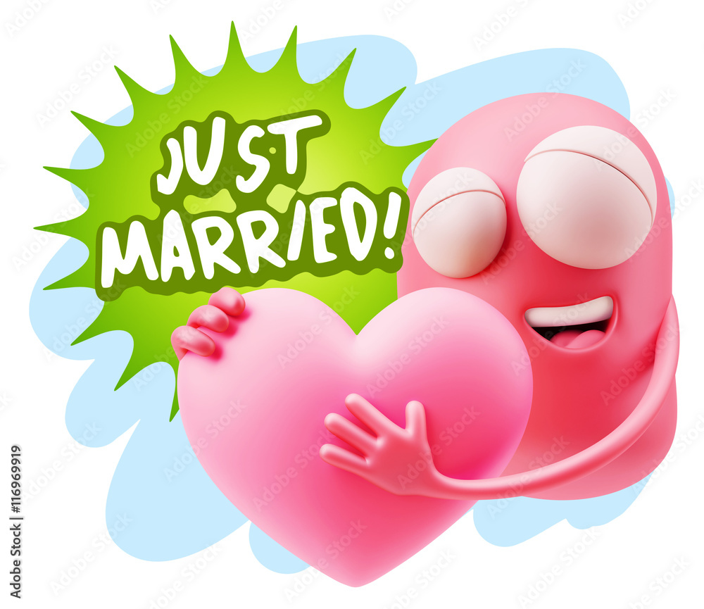 Obraz premium 3d Rendering. Emoji in love holding heart shape saying Just Marr