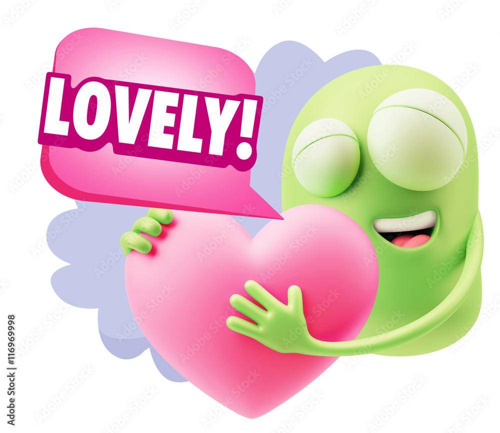 3d Rendering. Emoji in love holding heart shape saying Lovely wi 3d Rendering. Emoji in love holding heart shape saying Lovely wi