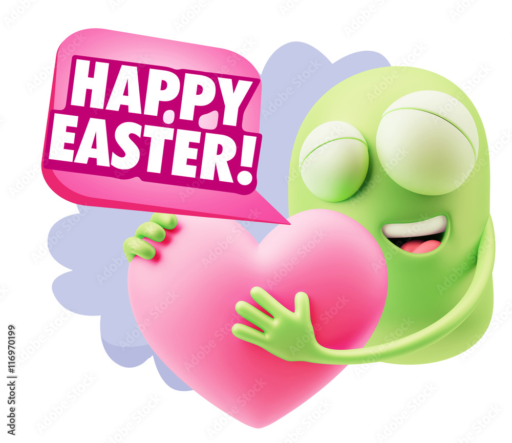 3d Rendering. Emoji in love holding heart shape saying Happy Eas