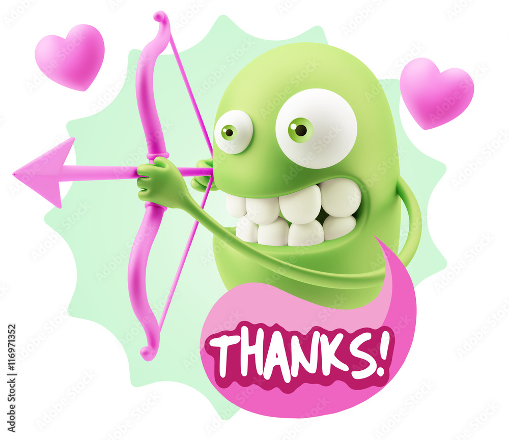 3d Rendering. Valentine Day Cupid Emoticon Face saying Thanks wi