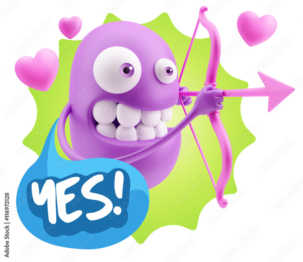3d Rendering. Valentine Day Cupid Emoticon Face saying Yes with