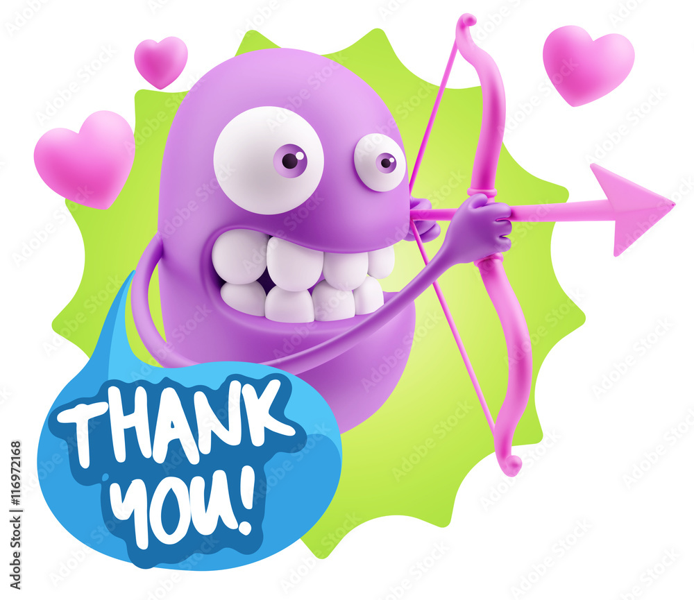 3d Rendering. Valentine Day Cupid Emoticon Face saying Thank You
