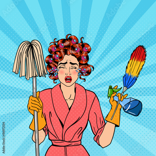 Exhausted Stressed Housewife with Mop and Cleaning Brush Crying. Pop Art. Vector illustration
