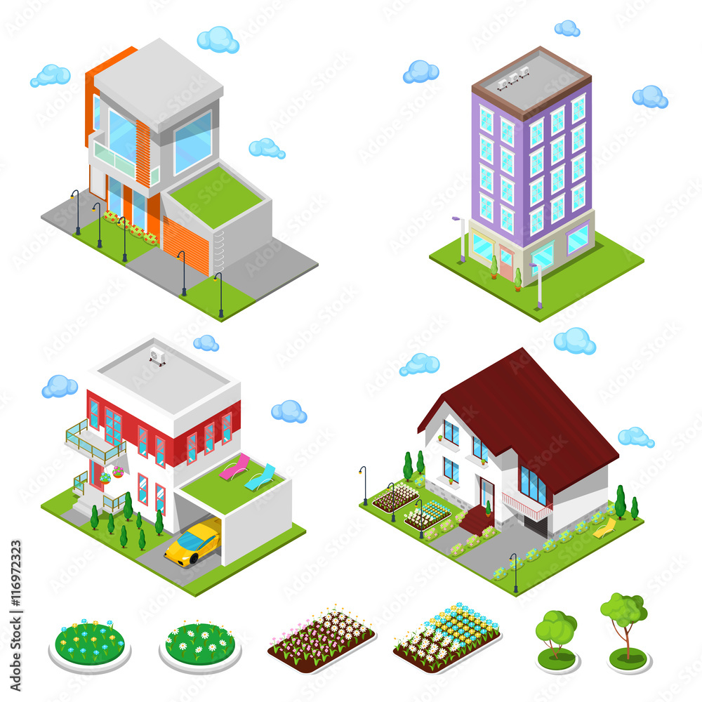 Isometric City Buildings Set. Modern Houses with Flowers and Garage. Vector illustration Isometric City Buildings Set. Modern Houses with Flowers and Garage. Vector illustration