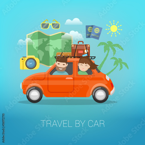 Travel by Car. Happy Couple Traveling with Baggage in Car. Vector illustration