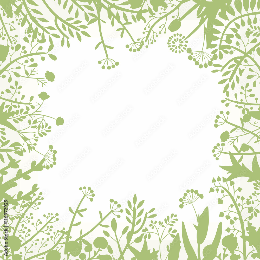 Decorative frame of hand-drawn and painted twigs with leaves, berries and flowers. Vector graphics.