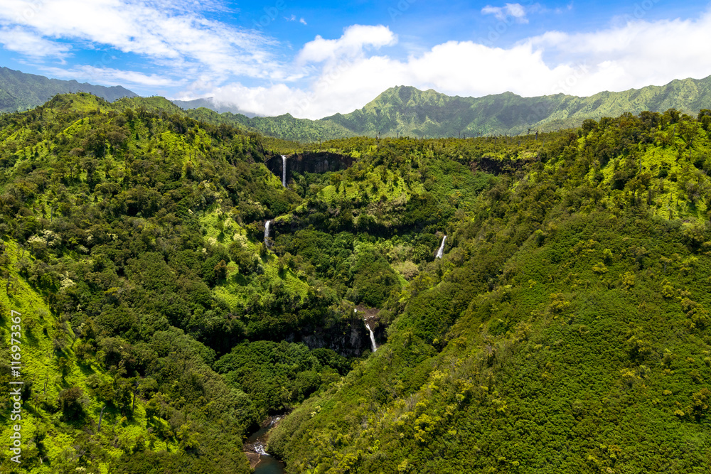 Aerial landscape view of waterfalls and streams, Kauai