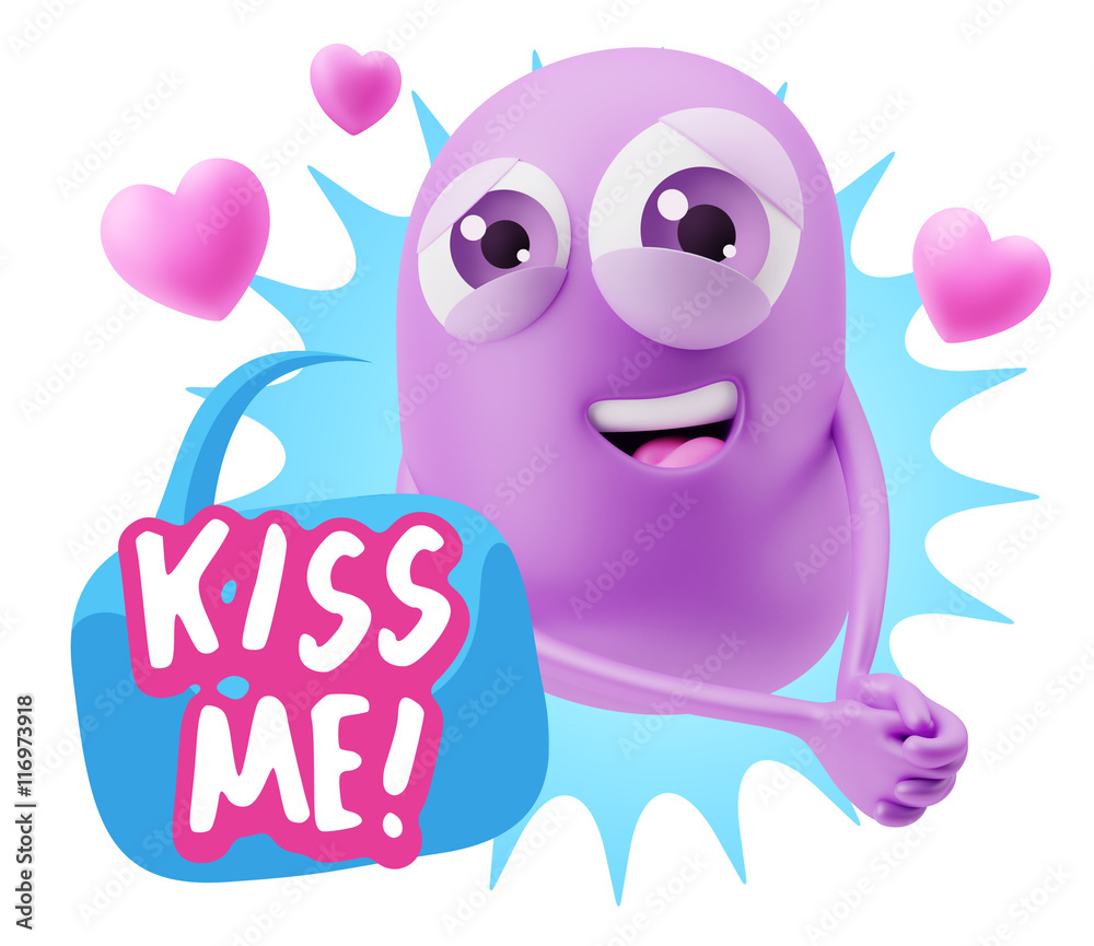3d Rendering. Emoji in love with hearts shapes saying Kiss Me wi 3d Rendering. Emoji in love with hearts shapes saying Kiss Me wi