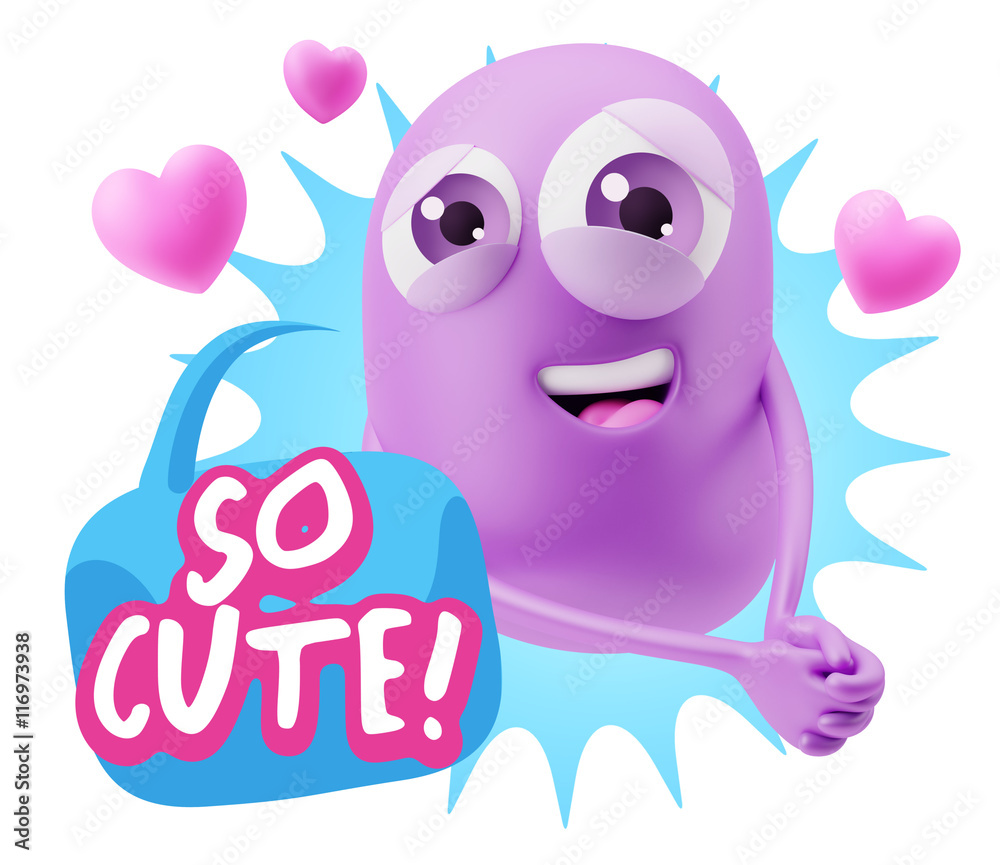 3d Rendering. Emoji in love with hearts shapes saying So Cute wi 3d Rendering. Emoji in love with hearts shapes saying So Cute wi