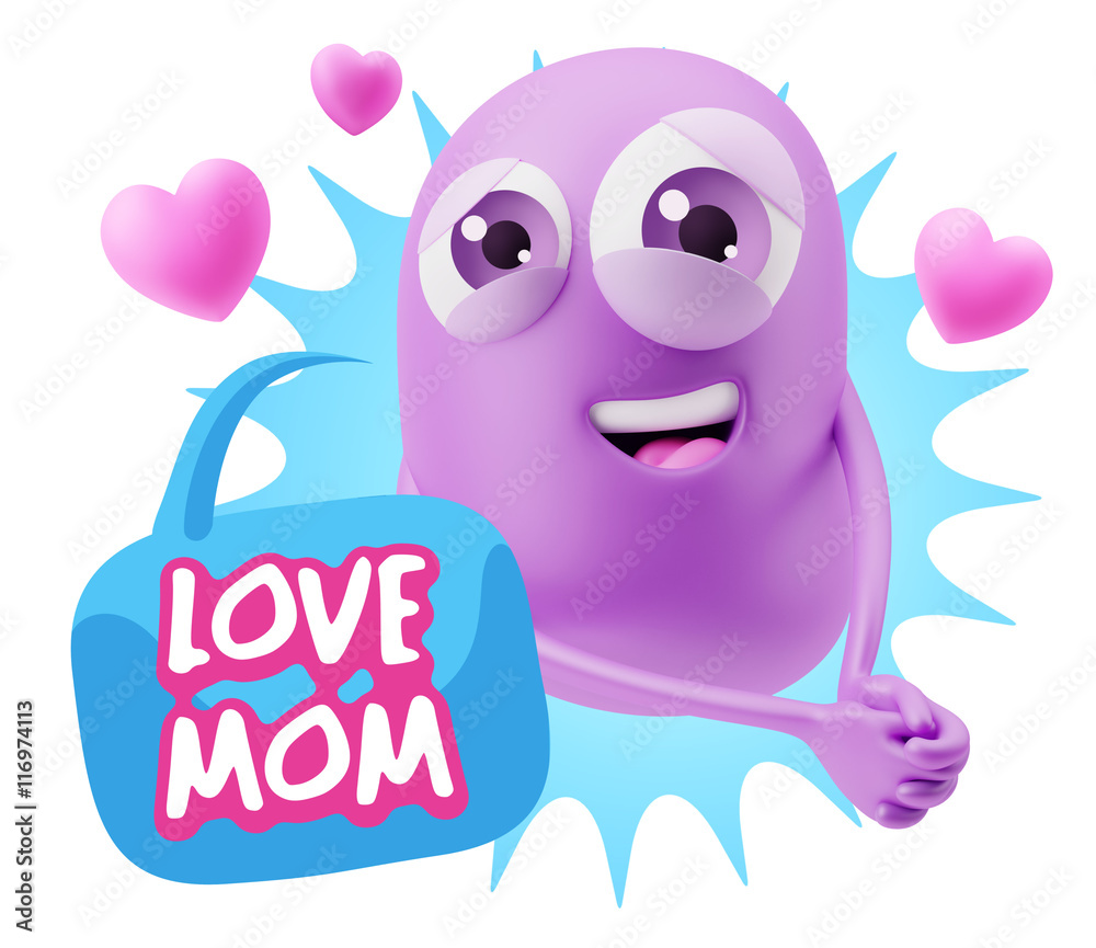 3d Rendering. Emoji in love with hearts shapes saying Love Mom w 3d Rendering. Emoji in love with hearts shapes saying Love Mom w