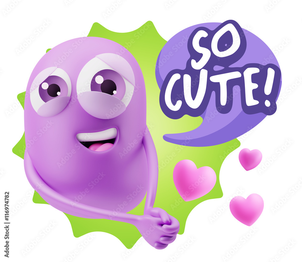 3d Rendering. Emoji in love with hearts shapes saying So Cute wi 3d Rendering. Emoji in love with hearts shapes saying So Cute wi