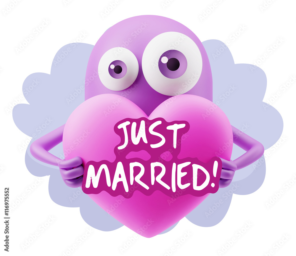 3d Rendering. Love Emoticon Face Holding Heart saying Just Marri 3d Rendering. Love Emoticon Face Holding Heart saying Just Marri