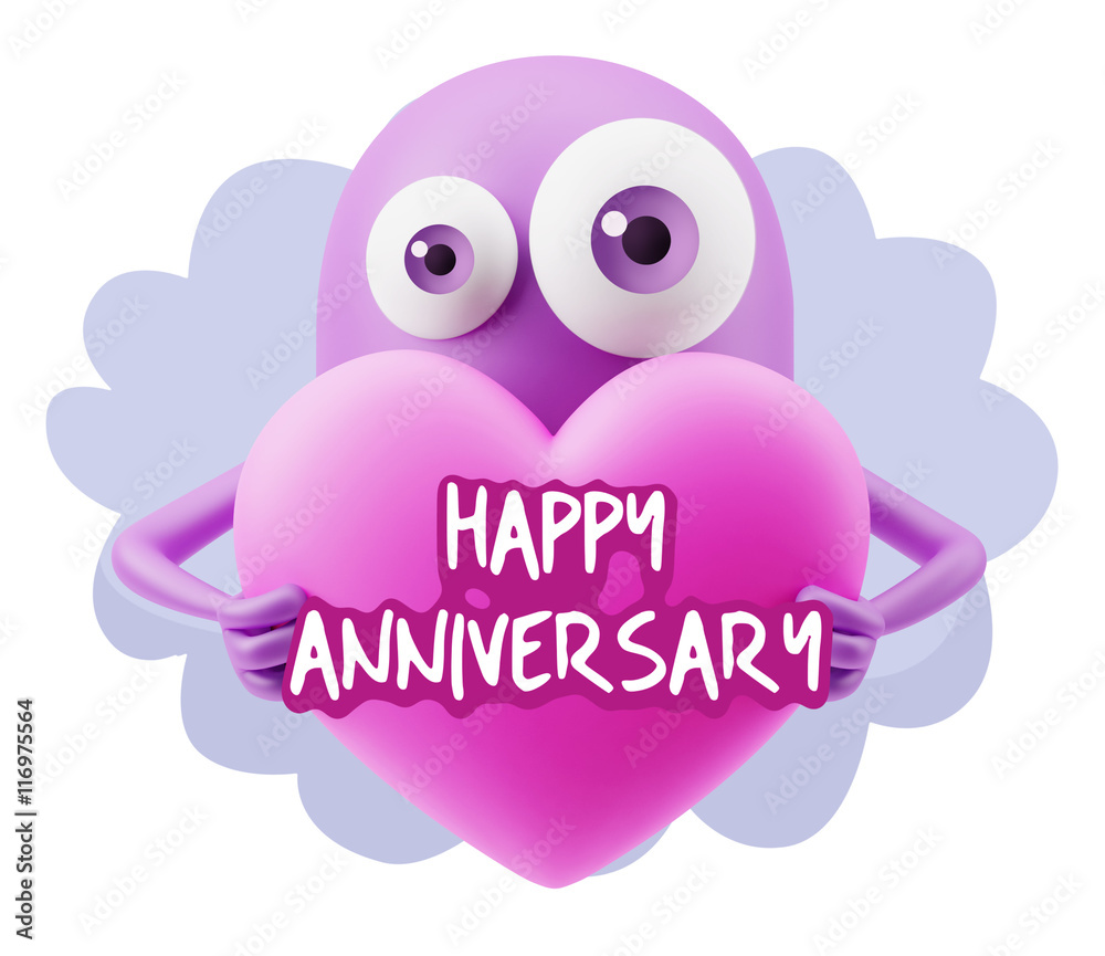 3d Rendering. Love Emoticon Face Holding Heart saying Happy Anni 3d Rendering. Love Emoticon Face Holding Heart saying Happy Anni