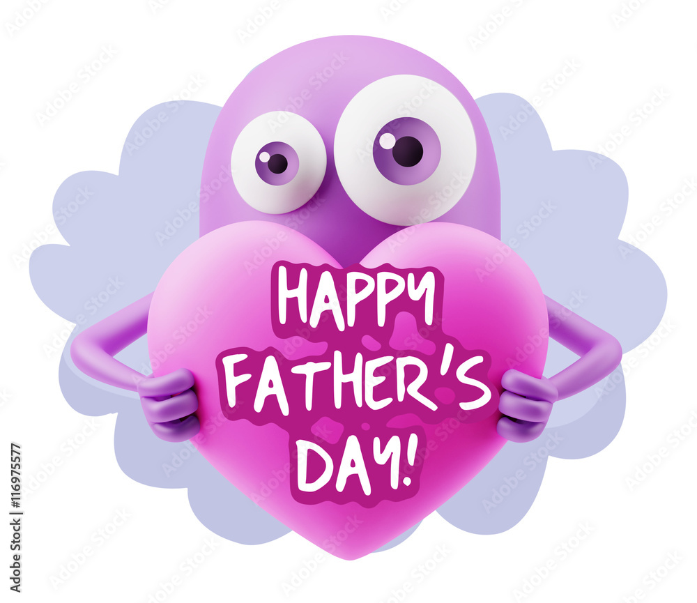 3d Rendering. Love Emoticon Face Holding Heart saying Happy Fath