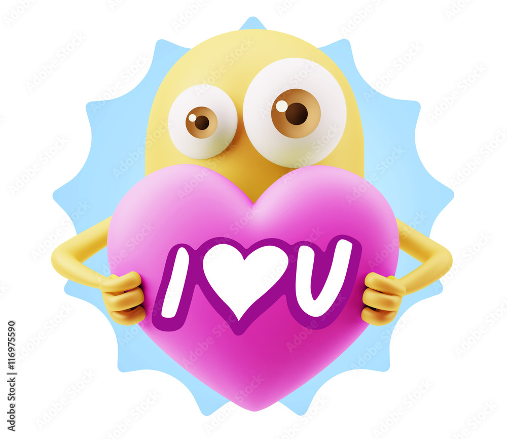 3d Rendering. Love Emoticon Face Holding Heart saying I Love U w