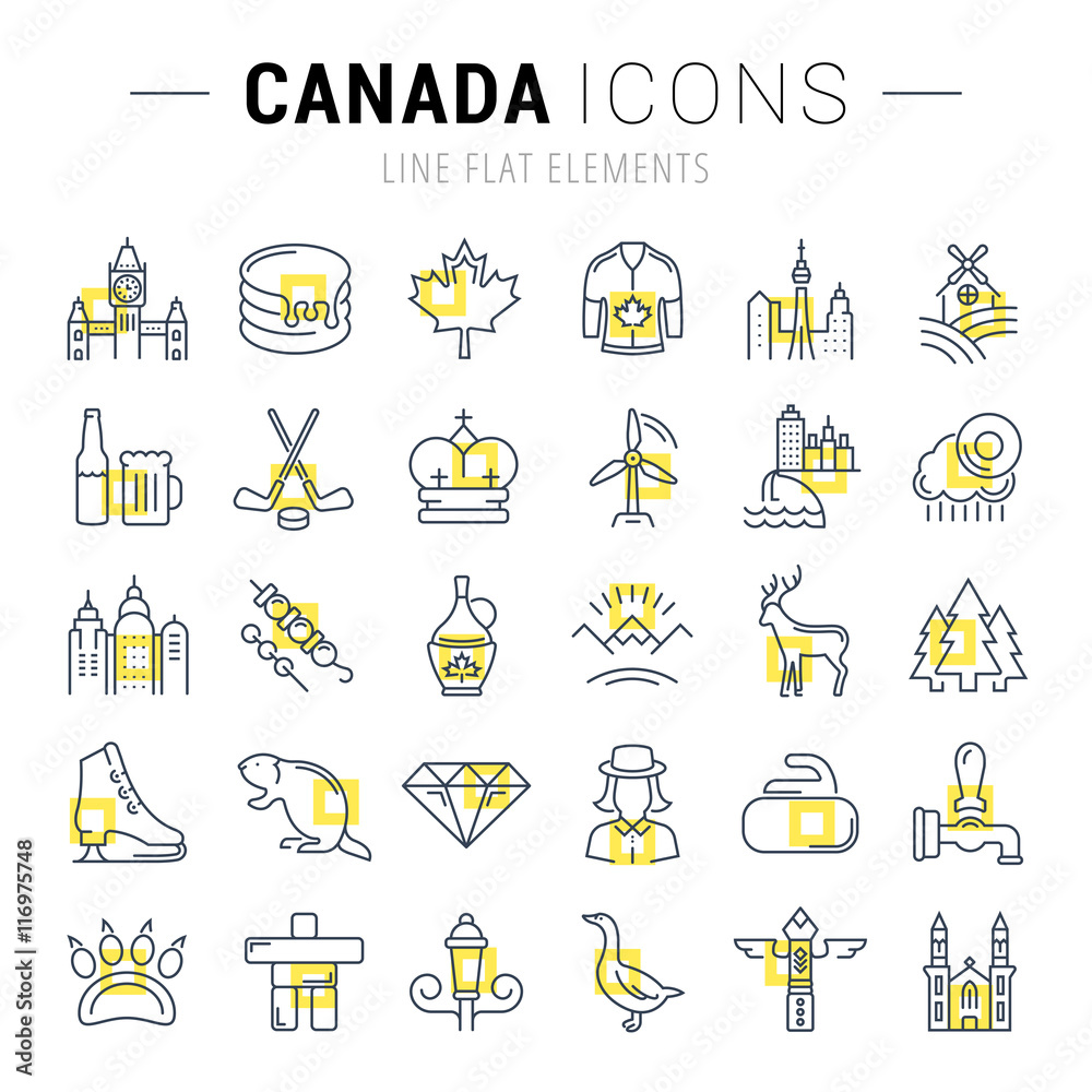 Fototapeta premium Set Vector Flat Line Icons Canada