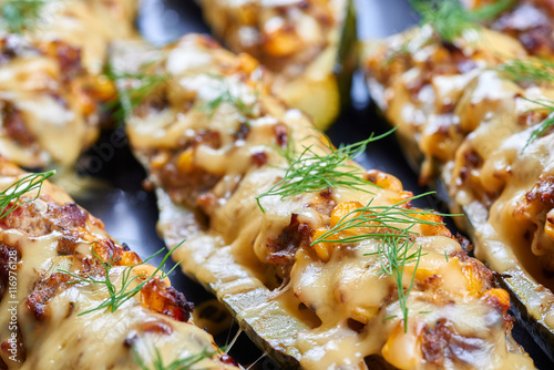 Grilled courgettes stuffed with meat and vegetables