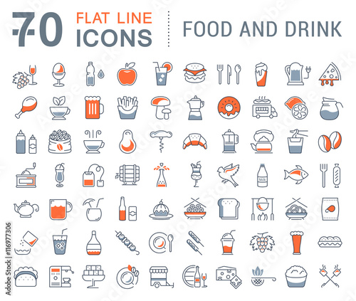 Set Vector Flat Line Icons Drinks and Food