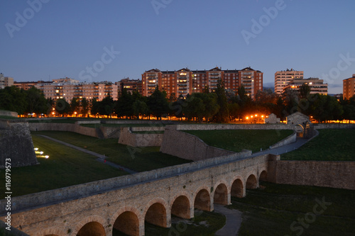 Citadel of Pamplona at dusk with buildings in the background