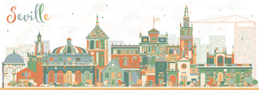 Abstract Seville Skyline with Color Buildings. - obrazy, fototapety, plakaty 