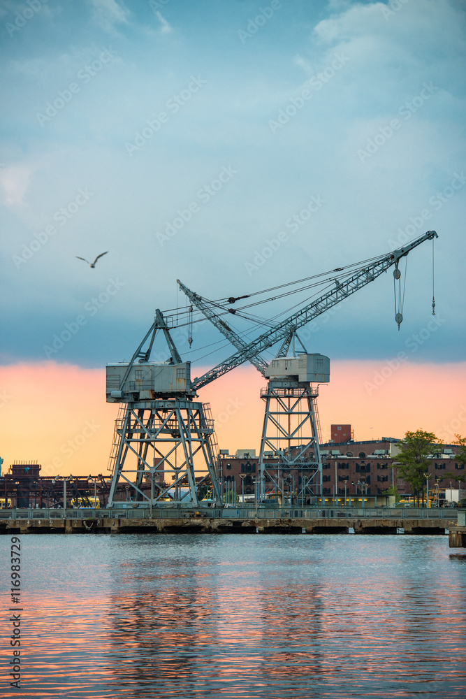 View of the city industrial area with port cranes at sunset time..
