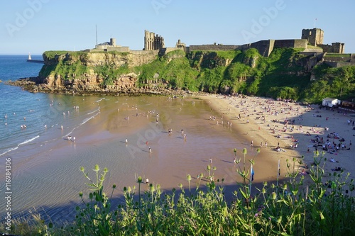 Beach and priory ruins in Tynemouth, England photo