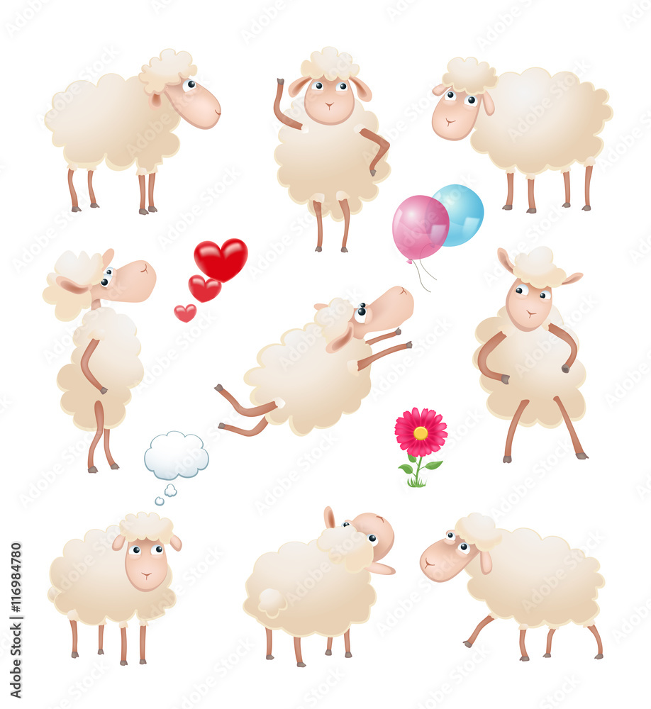 set of cute cartoon sheep character in different poses isolated set of cute cartoon sheep character in different poses isolated