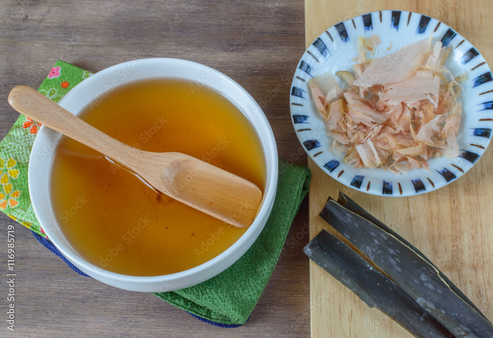 Dashi stock preparation. Dashi is a fundamental ingredient in many Japanese dishes. It is made