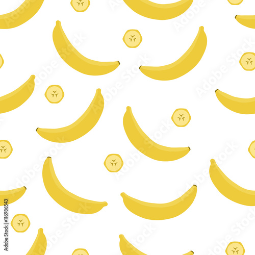 Bananas and sliced pieces on white background. Seamless pattern. Vector illustration.