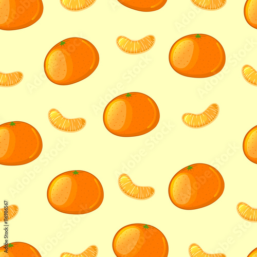 Cartoon tangerine and Mandarin slices on a yellow background. Seamless pattern. Vector illustration.