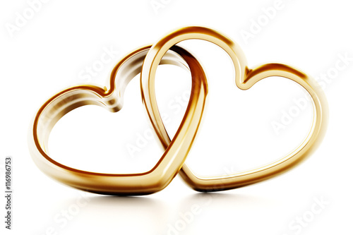 Gold heart shaped rings attached to each other. 3D illustration