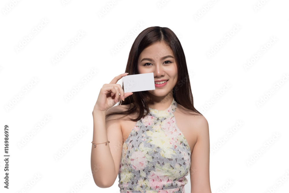  businesswoman holding empty white card