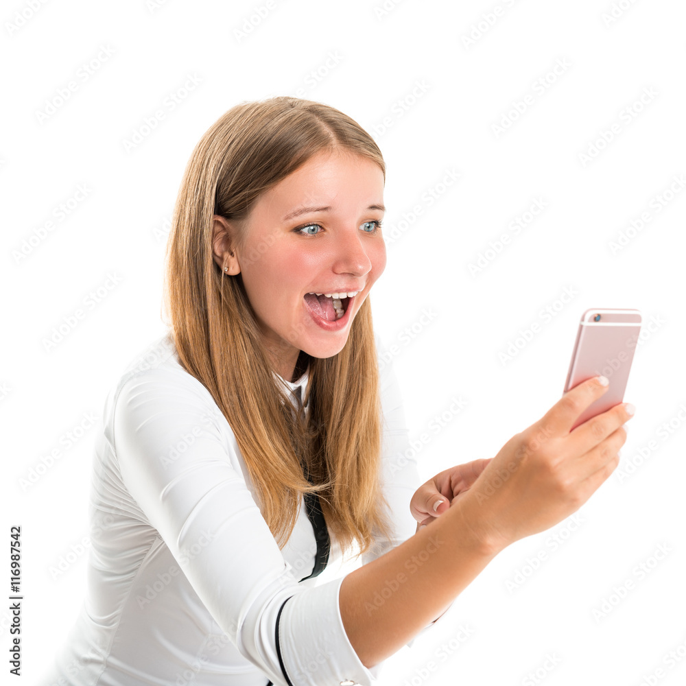 Happy young woman exercising photographed using a mobile phone camera Happy young woman exercising photographed using a mobile phone camera