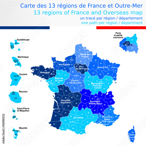 Carte des 13 r  gions de France et outre-mer bleue avec  le nom des r  gions  chef lieux de r  gion et num  ros des d  partements  Un trac   autonome par r  gion   d  partement