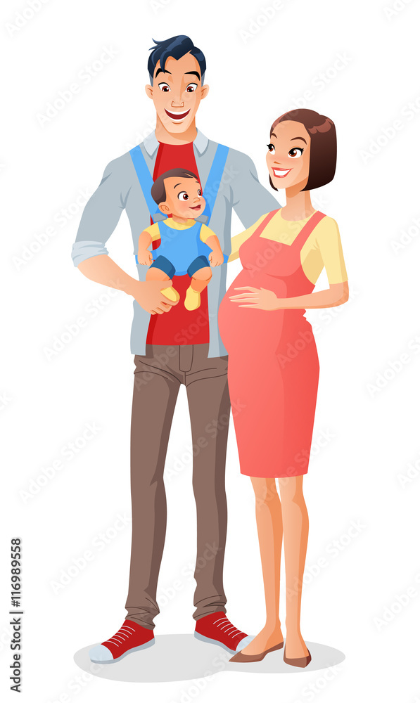 Smiling cartoon Asian family with baby in carrier and expecting another child. Vector illustration. Smiling cartoon Asian family with baby in carrier and expecting another child. Vector illustration.
