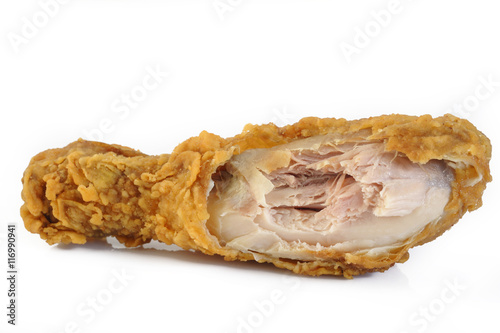 fried chicken drumsticks bite taken on white background