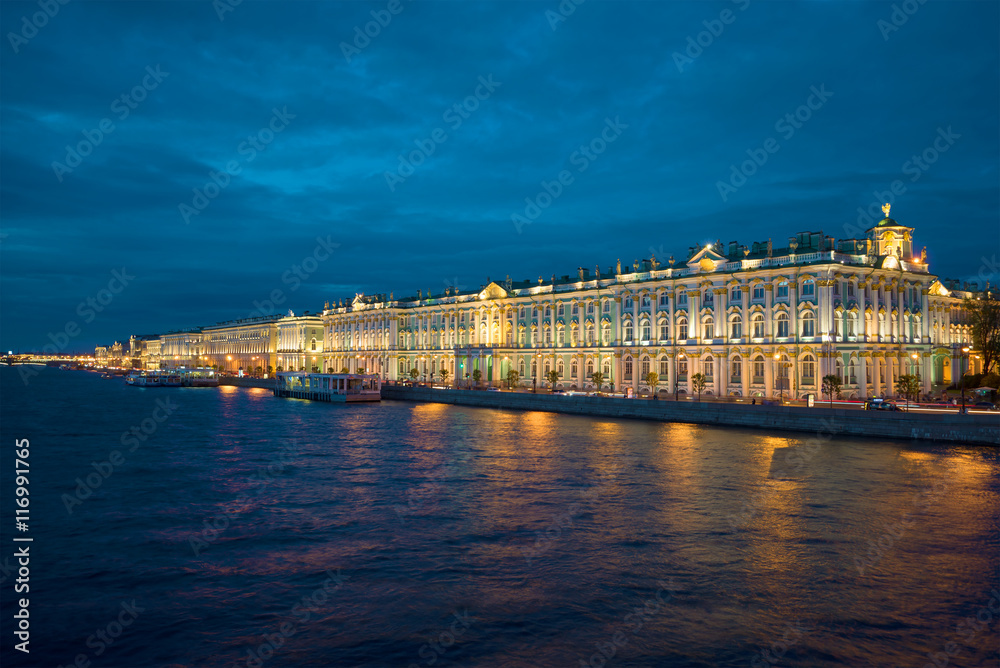 The Palace embankment and the Winter Palace of the june night. Saint Petersburg, Russia