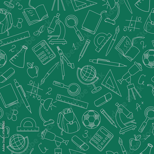 Seamless pattern on the theme of the school, a simple contour icons, light outline on a green background