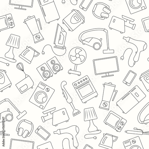 Seamless background with a simple contour icons on the topic of household appliances, a dark outline on a light background